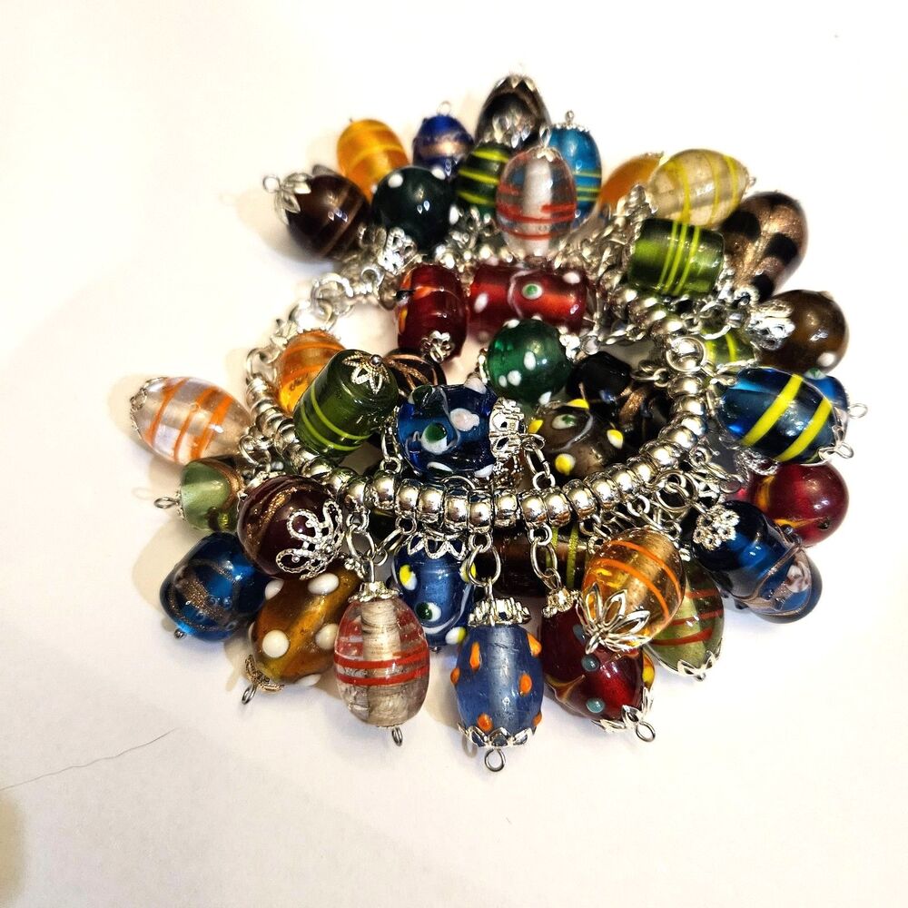 Glass Art Bead Bracelet Full Jingle Jewlery Colorful Large Beads 7.5-8.5 Large